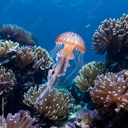 Colorful jellyfish floating amidst vibrant coral reef underwater  