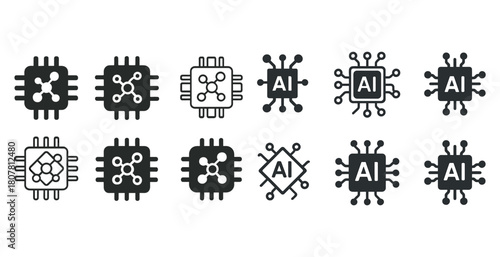 Various ai chip icon designs in monochrome