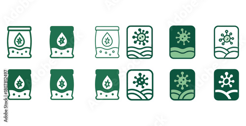Green agricultural and microbial icon set for fertilizer and natural farming