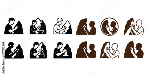 Silhouette icons of sculptors creating art from stone