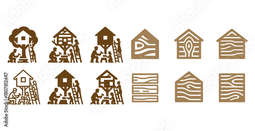 Silhouette treehouse construction and wooden house icon set