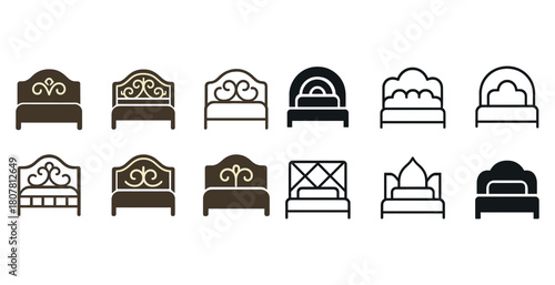 Set of twelve unique bed icon designs in various styles and colors