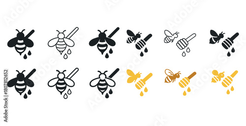 Bee and honey dripper icons in black and gold
