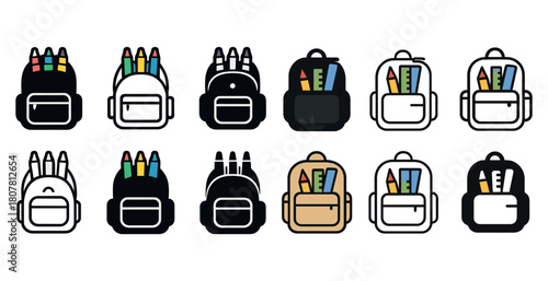 Colorful and monochrome backpack icons with stationery illustrations