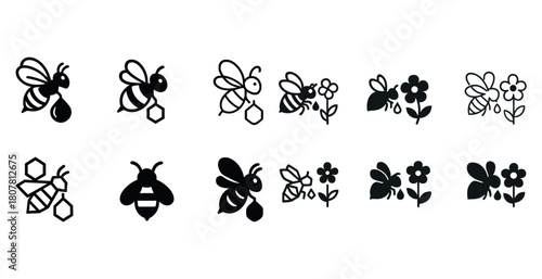 Bee and flower icon set: various designs of bees, honeycombs, and flowers