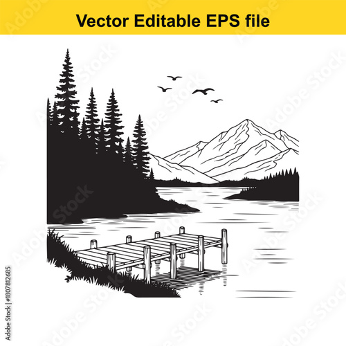 A serene black and white landscape featuring a wooden pier extending into a calm lake, surrounded by tall pine trees and majestic mountains, isolated on