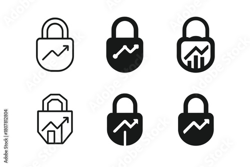 Financial Protection Icons. Bonds and securities. Icon set. Set Logo of financial protection: lock with graph line inside. harmonious logo variations of the