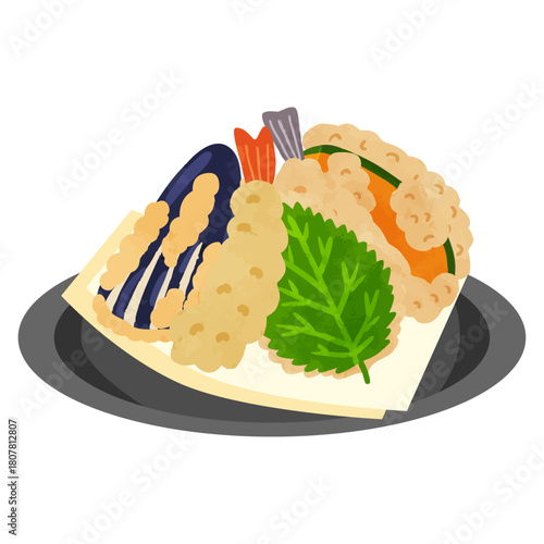 海老天ぷら・きす天ぷら・かぼちゃ天ぷら・なす天ぷら・大葉天ぷら盛り合わせ　水彩風手描きベクターイラスト