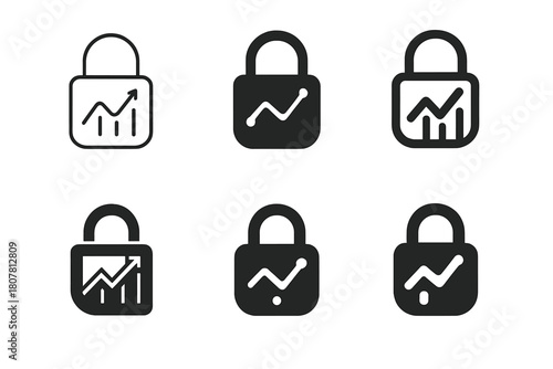 Financial Protection Icons. Bonds and securities. Icon set. Set Logo of financial protection: lock with graph line inside. harmonious logo variations of the
