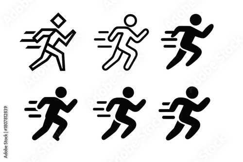 Fitness Logo Designs. A personal trainer demonstrating a workout move for a client. Icon set. Set Logo of body alignment: human figure with motion lines.