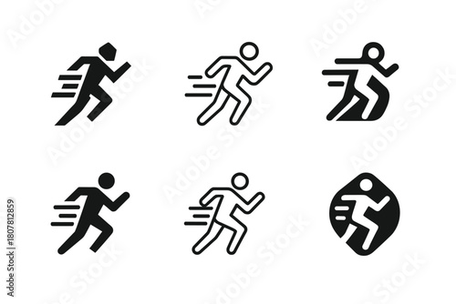 Fitness Logo Designs. A personal trainer demonstrating a workout move for a client. Icon set. Set Logo of body alignment: human figure with motion lines.