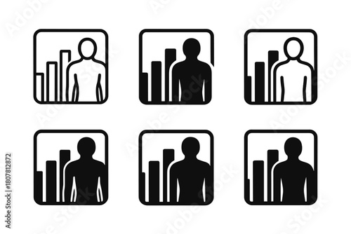 Fitness Logo Variations. A personal trainer demonstrating a workout move for a client. Icon set. Set Logo of fitness training: trainer guiding client posture.