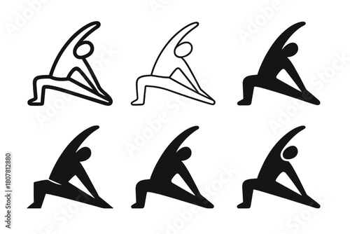 Fitness Icon Variations. A personal trainer demonstrating a workout move for a client. Icon set. Set Logo of flexibility training: stretching silhouette.
