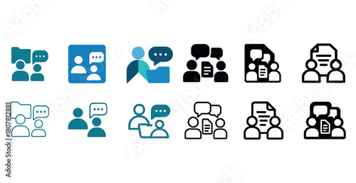 Communication icons set: people, chat bubbles, documents in blue and black