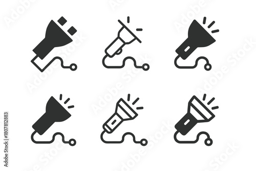 Flashlight Circuit Logos. How a flashlight works. Icon set. Set Logo of electrical circuit: wire connection. harmonious logo variations of the same emblematic