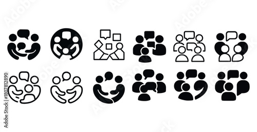Diverse communication icons set depicting group discussions and conversations