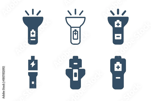 Flashlight Logo Variations. How a flashlight works. Icon set. Set Logo of flashlight structure: handheld torch. harmonious logo variations of the