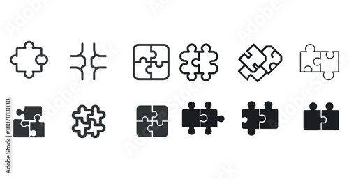Diverse puzzle piece icons in black and white styles