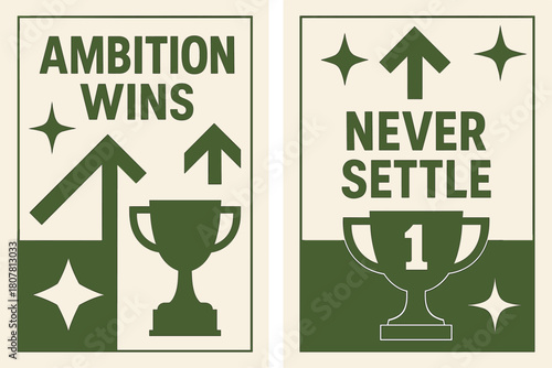 Ambition and Success. Ambition wins. Two vertical A6 banners with safe margins, centered composition, no elements touching edges, geometric, olive green and