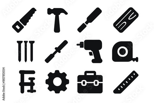 Woodworking Tool Icons. Woodworking. Solid icon set of woodworking: saw, hammer, chisel, plank, nails, screwdriver, drill, measuring tape, clamp, gear,
