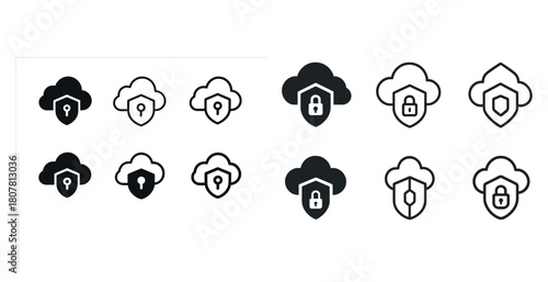 Cloud security icons with lock and shield variations in black and white