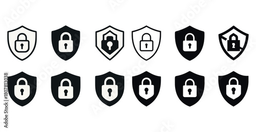 Set of security icons with padlocks on shields indicating protection