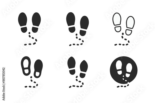 Nature Trail Icons. Hiking and exploring nature trails. Icon set. Set Logo of hiking and exploring nature trails: footsteps leading along a dotted trail.