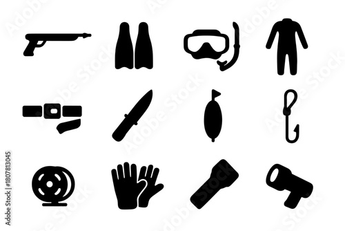 Spearfishing Gear Icons. Spearfishing equipment. Solid icon set of Spearfishing equipment: speargun, fins, mask, snorkel, wetsuit, weight belt, knife, buoy,