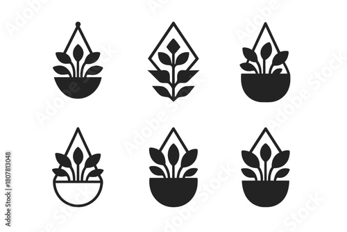 Vertical Garden Icons. Vertical garden. Icon set. Set Logo of vertical garden: hanging planters. harmonious logo variations of the same emblematic concept,