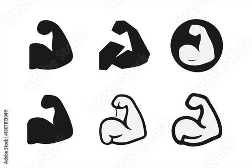 Muscle Icon Variations. Muscle building. Icon set. Set Logo of Muscle building: Biceps flex. harmonious logo variations of the same emblematic concept, each