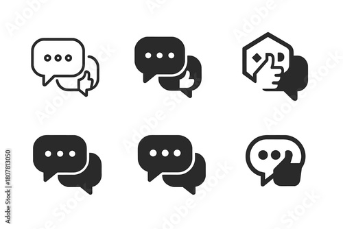 Feedback Icons Grid. Feedback tone perception. Icon set. Set Logo of Speech Bubble: Feedback conversation. Minimal outline, Filled silhouette, Abstract