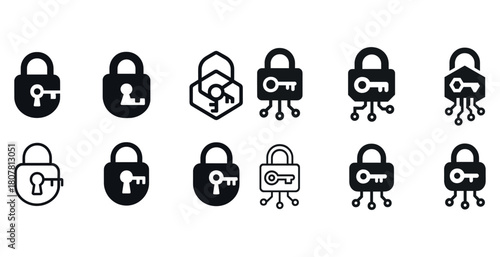 Set of eleven black lock and key icon designs for security
