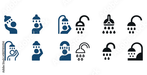 Assorted showerhead icons in blue and black on white background