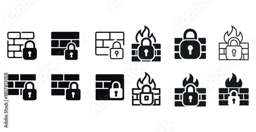 Firewall and security lock icons set for digital protection