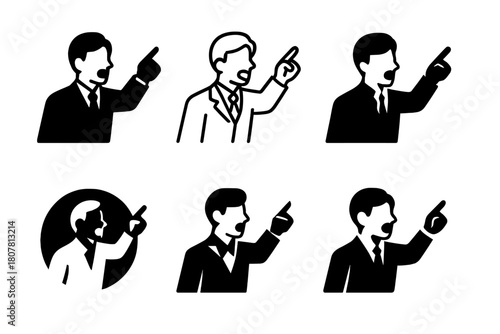 Objection Icon Set. Lawyer Making Objections. Icon set. Set Logo of Courtroom Objection: confident attorney shouting ?Objection?. harmonious logo variations of