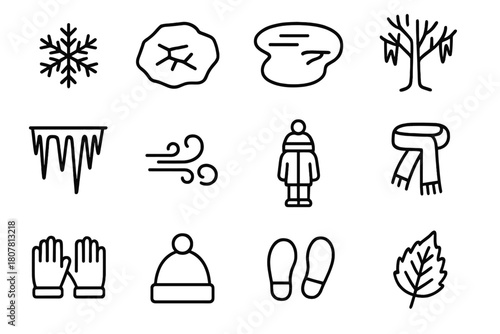 Frozen Icon Set. Frozen scenery. Line icon set of Frozen scenery: snowflake, ice patch, frozen pond, frozen tree, icicles, cold wind, person standing, scarf,