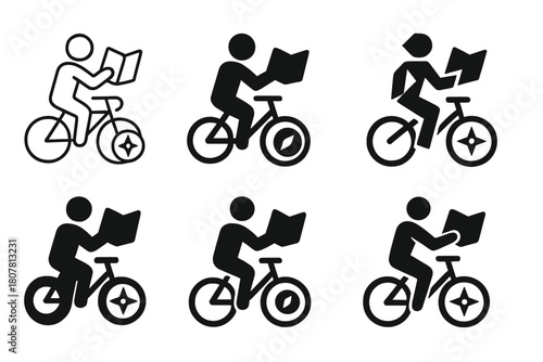 Bicycle Hunt Logos. bicycle treasure hunts. Icon set. Set Logo of bicycle treasure hunts: cyclist with map and compass. harmonious logo variations of the same