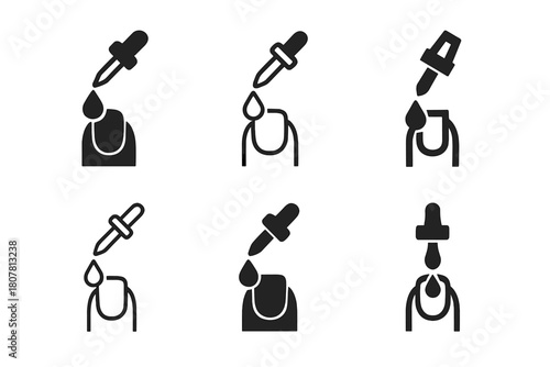 Natural Nail Logos. Natural nails. Icon set. Set Logo of natural nails: cuticle oil dropper above nail plate. harmonious logo variations of the same emblematic