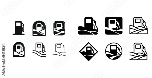 Set of gas pump icons in various geometric shapes and styles