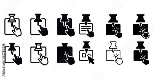 Set of pushpin cursor icons illustrating various actions in black and white