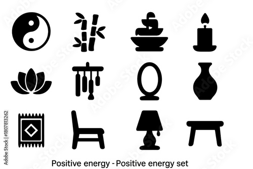 Positive Energy Icons. Positive energy. Solid icon set of Positive energy: yin yang, bamboo plant, water fountain, candle, lotus flower, wind chime, mirror,