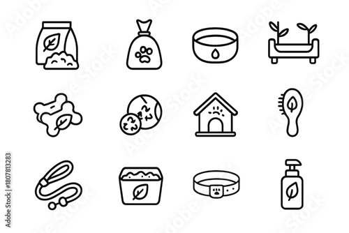 Sustainable Pet Care Icons. Sustainable pet care. Line icon set of Sustainable pet care: eco-friendly pet food, biodegradable poop bags, reusable water bowl,