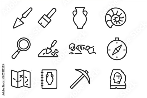 Archaeology Icon Set. Archaeology. Line icon set of Archaeology: trowel, brush, ancient pottery, fossil, magnifying glass, excavation site, skeleton, compass,