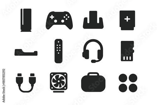 Console Accessories Icons. Console Accessories. Solid icon set of Console Accessories: console, gamepad, charging dock, battery pack, console stand, media