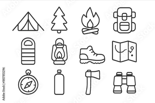 Camping Essentials Icons. Forest camping. Line icon set of Forest camping: tent, tree, campfire, backpack, sleeping bag, lantern, hiking boots, map, compass,