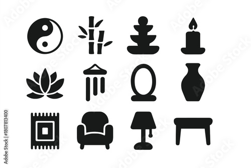 Positive Energy Icons. Positive energy. Solid icon set of Positive energy: yin yang, bamboo plant, water fountain, candle, lotus flower, wind chime, mirror,