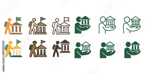 Colorful and monochrome icon set of human figures visiting and presenting buildings