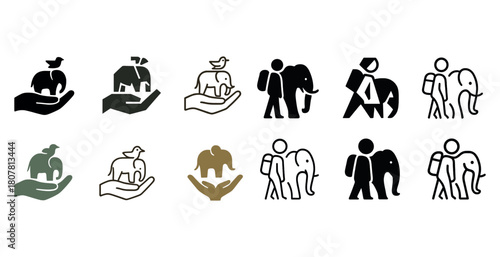 Elephant pictograms and silhouettes with human figures and birds