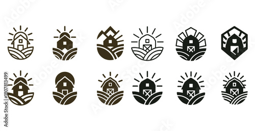 Set of twelve farm logos in various styles featuring barns and fields