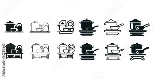 Collection of minimalist kitchen utensil icons in black and white style